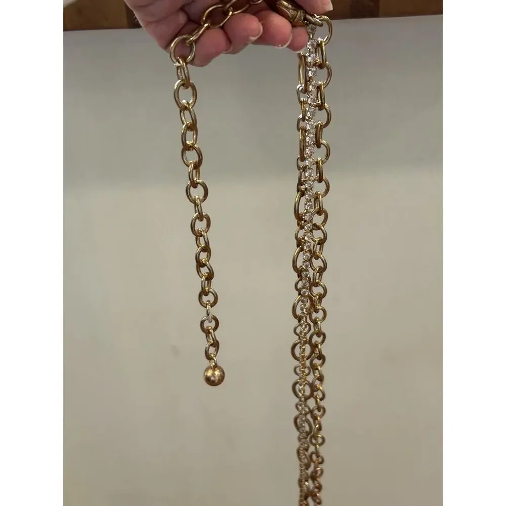 Vintage Gold-Tone Chain Link Belt Triple Layer Adjustable Rhinestones Statement